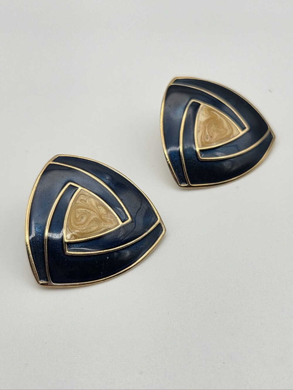 Vintage 1980s Navy & Gold Tone Geometric Statement Earrings